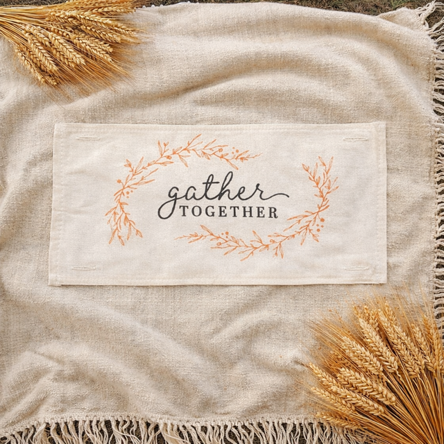 Fabric with 'gather together' text and wheat on a textured fabric background