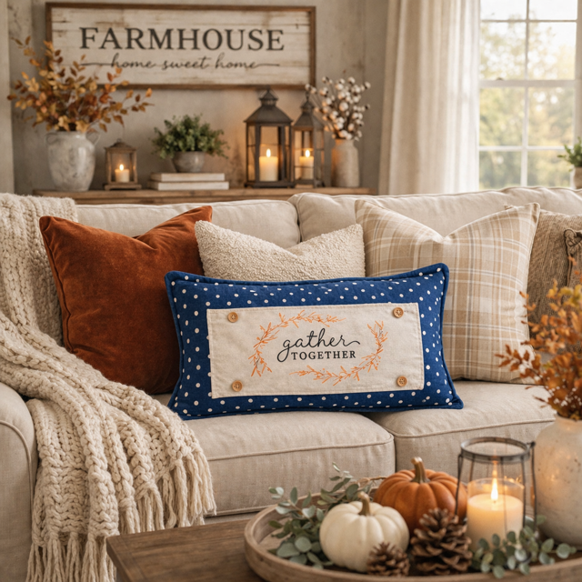 Cozy living room with a 'Farmhouse' sign, candles, and decorative pillows.