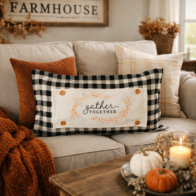 Cozy living room with a couch featuring a checkered pillow, pumpkins, and a candle.