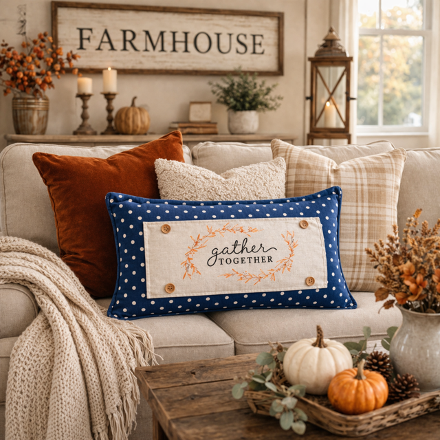 Cozy living room with a 'Farmhouse' sign, pillows, and autumn decorations.