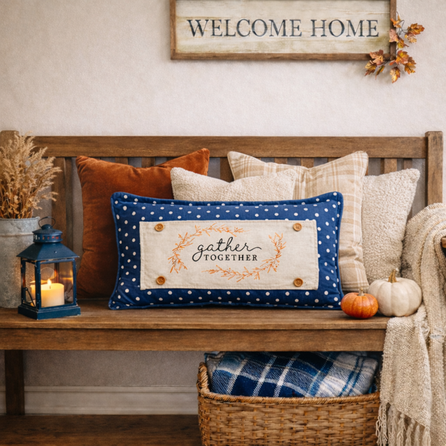 Wooden bench with decorative pillows and a 'Welcome Home' sign in a cozy room.