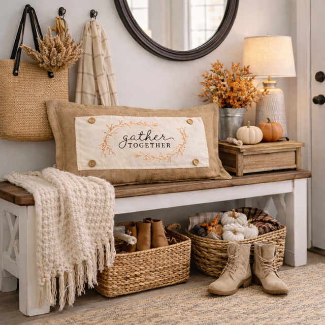 Nestled entryway with a wooden bench, 'gather together' pillow, baskets, and decorative items.