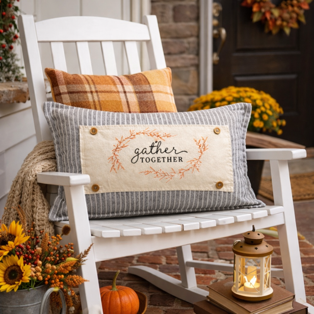 Decorative pillow with 'gather together' text on a white rocking chair on a porch.