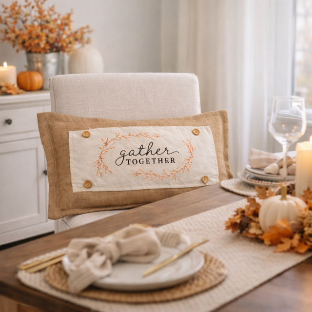 Decorative pillow with 'gather together' text on a set dining table with fall-themed decor.