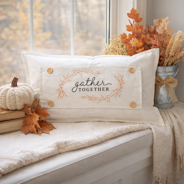 Decorative pillow with 'gather together' text on a windowsill with autumn decorations.