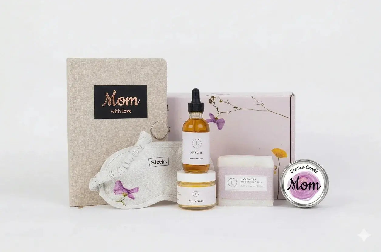 Cozy mom self-care gift set with lavender soap, scented candle, sleep mask, and bath essentials for relaxation