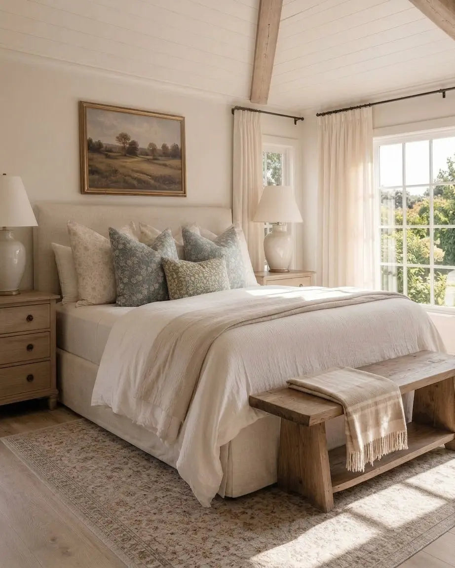 Cozy bedroom with a bed, bench, and window view