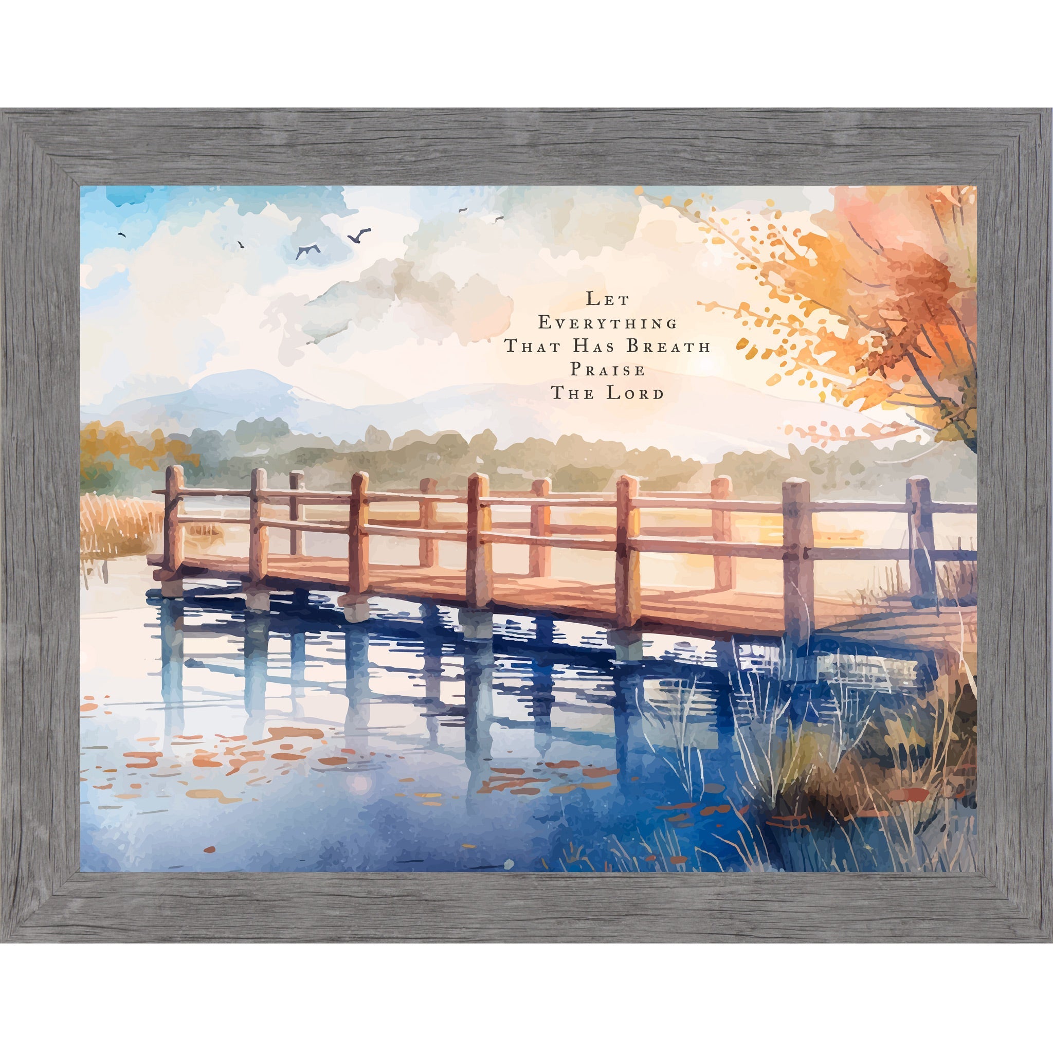 Framed artwork of a wooden bridge over water with a scenic background and text.