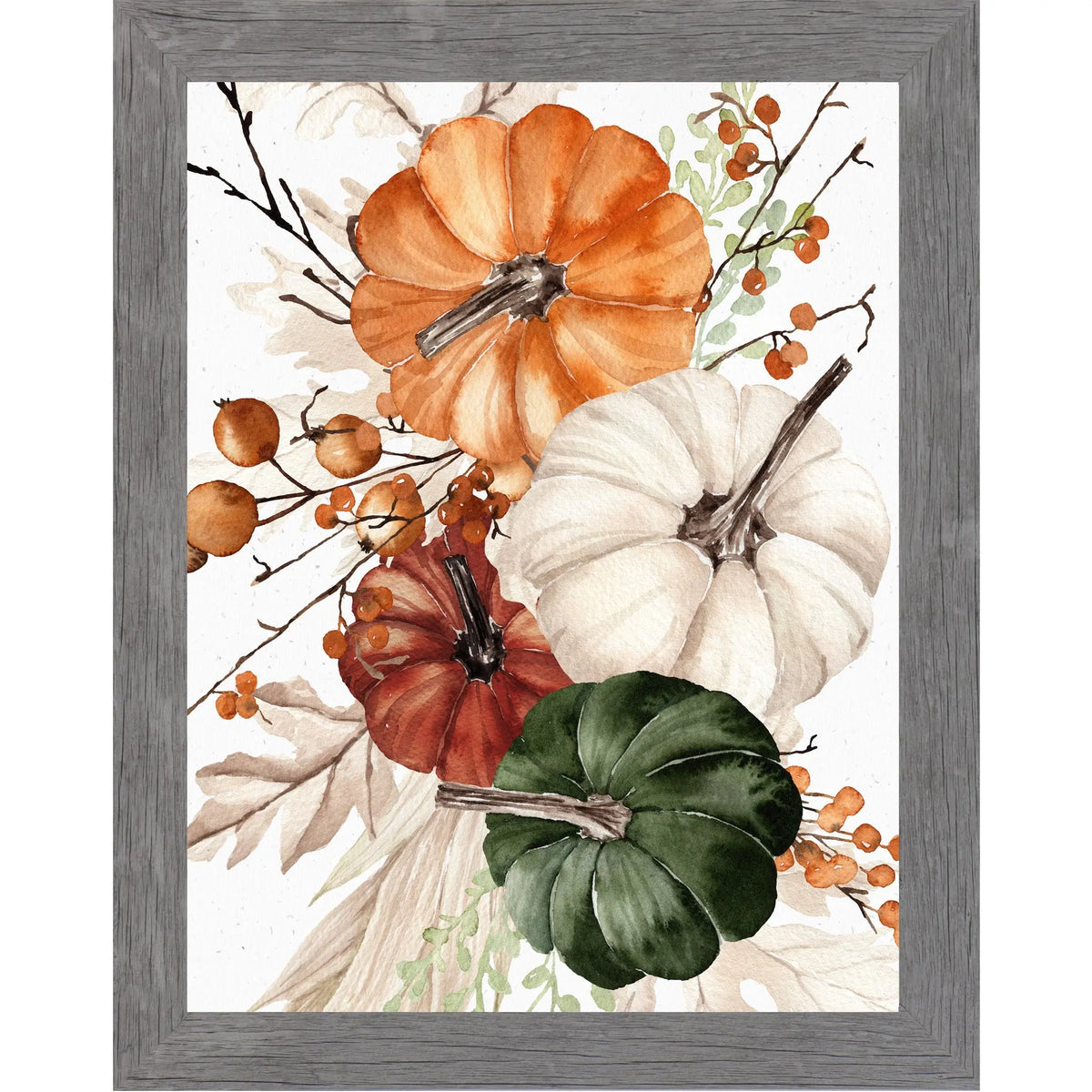 Framed watercolor-style autumn pumpkin art print with orange, white, red, and green pumpkins, leaves, and small orange berries on a white background, set in a gray wood-look frame.