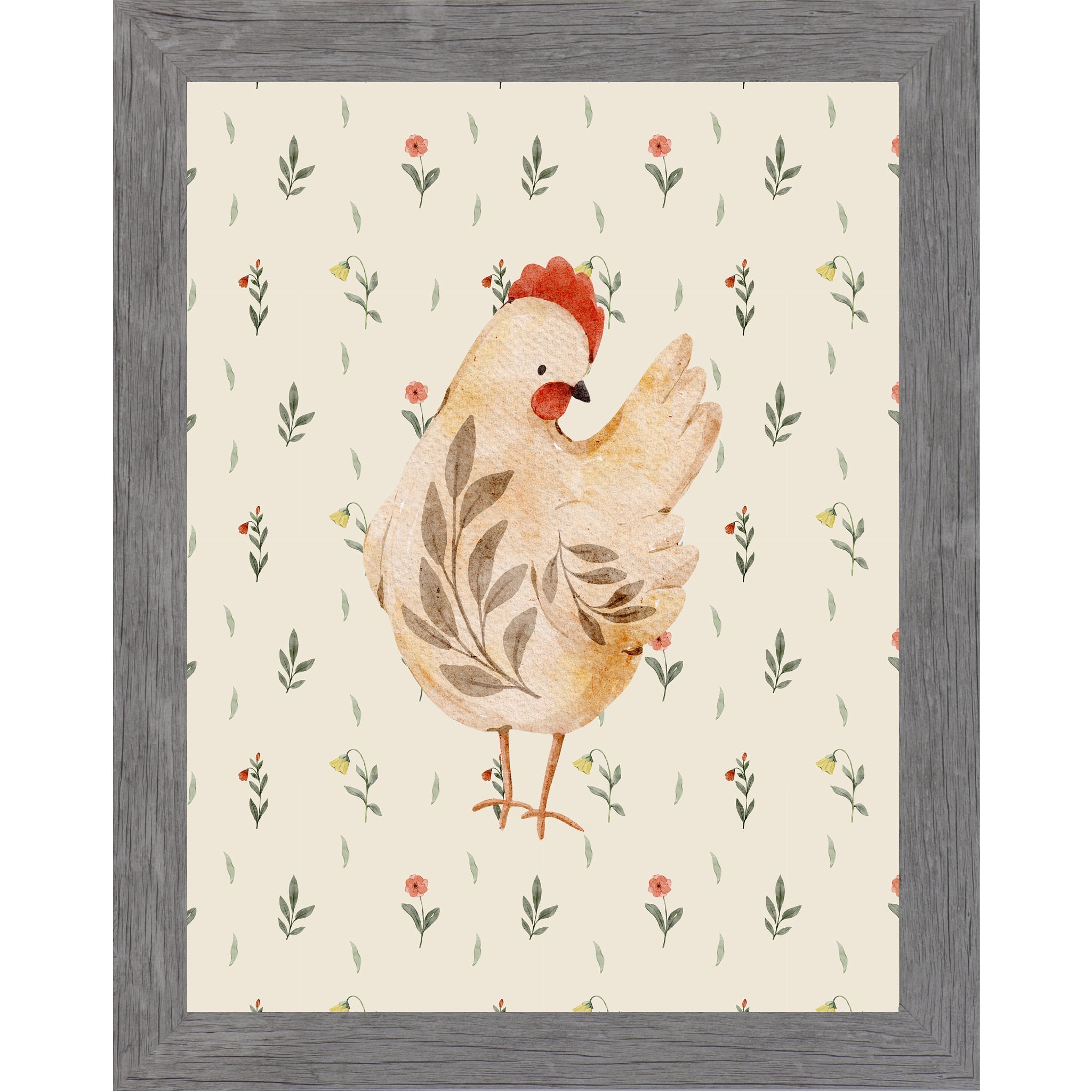 Framed artwork of a chicken with floral patterns on a beige background