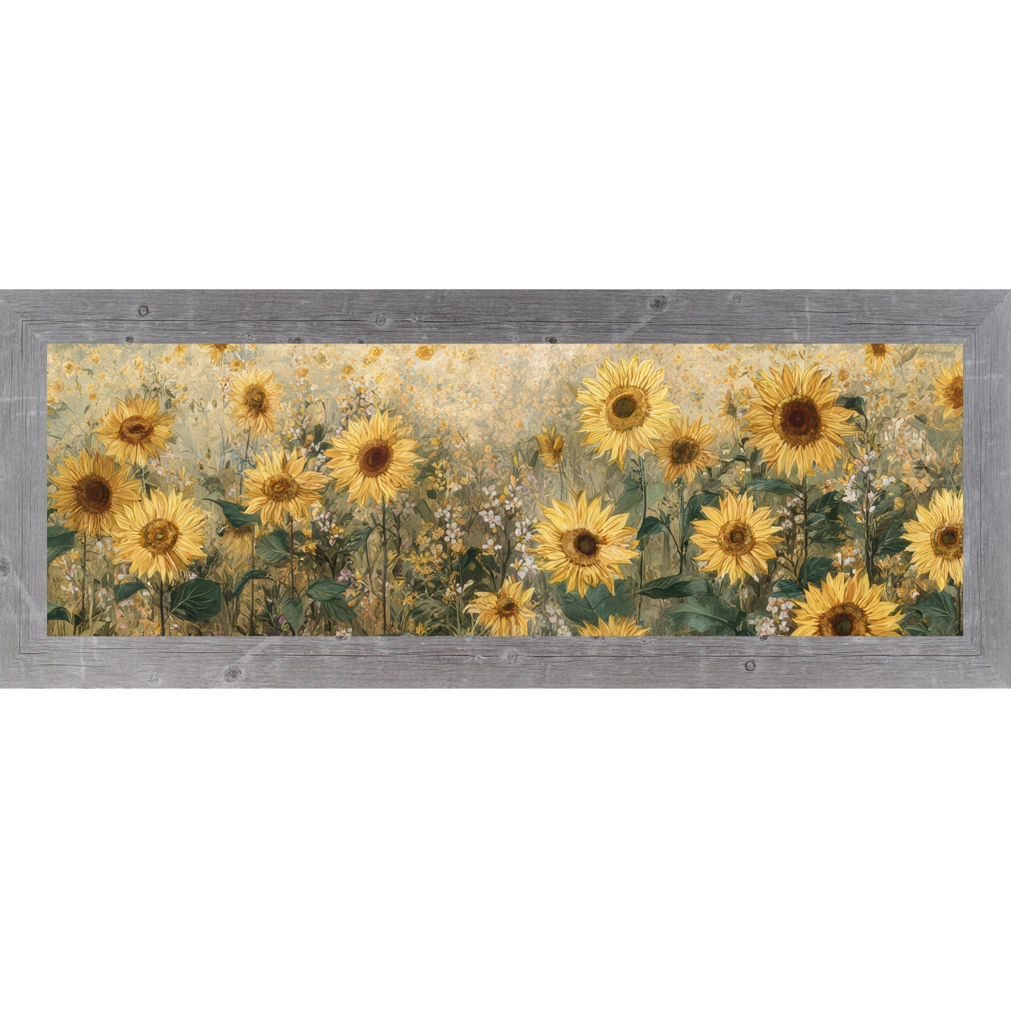 Framed artwork of sunflowers and wildflowers with a wooden frame.