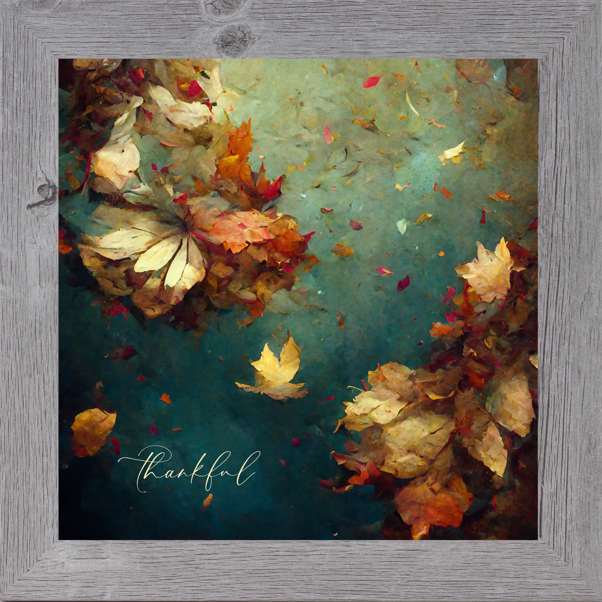 Framed artwork of autumn leaves with 'thankful' text on a teal background