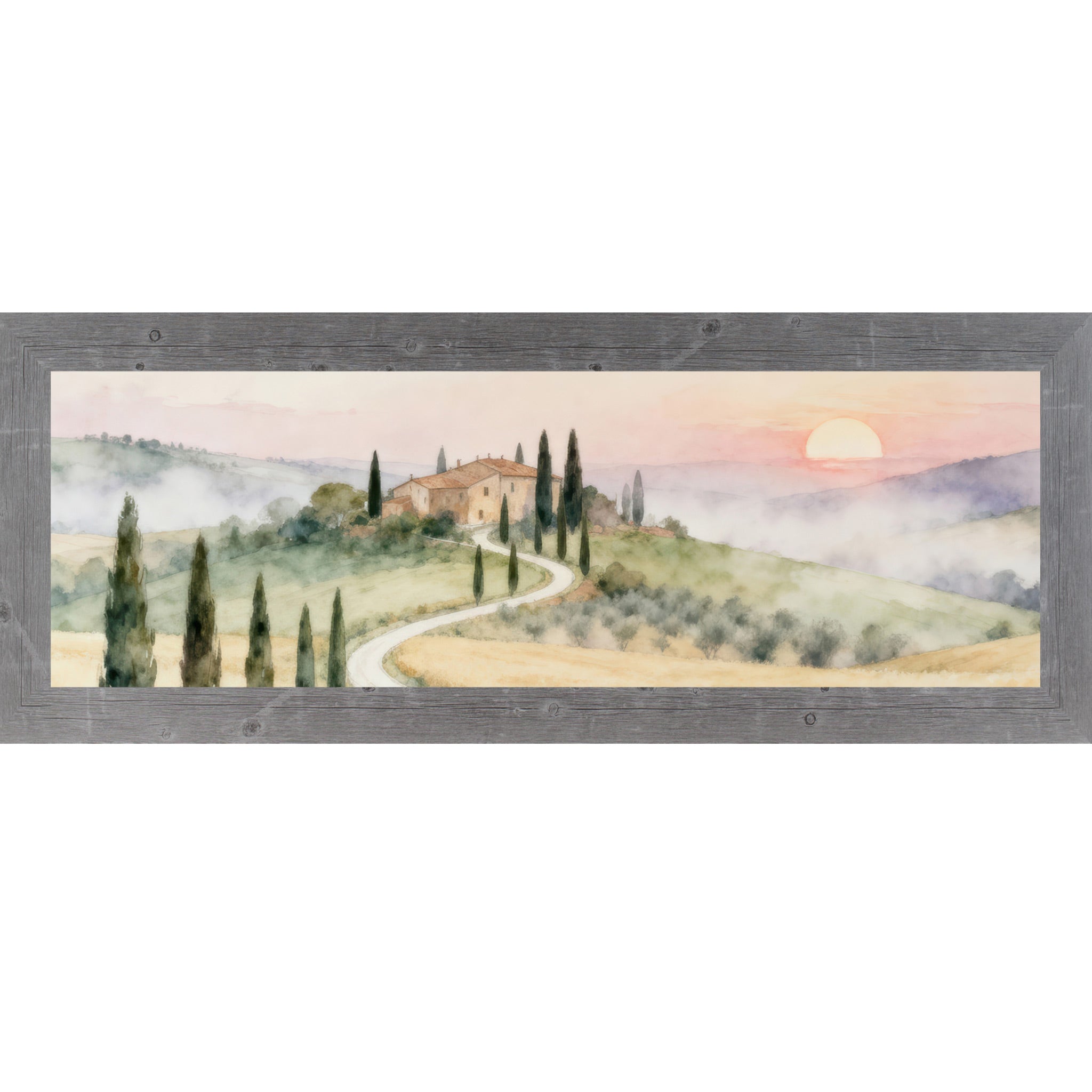 Framed artwork of a Tuscan landscape with a villa and cypress trees.