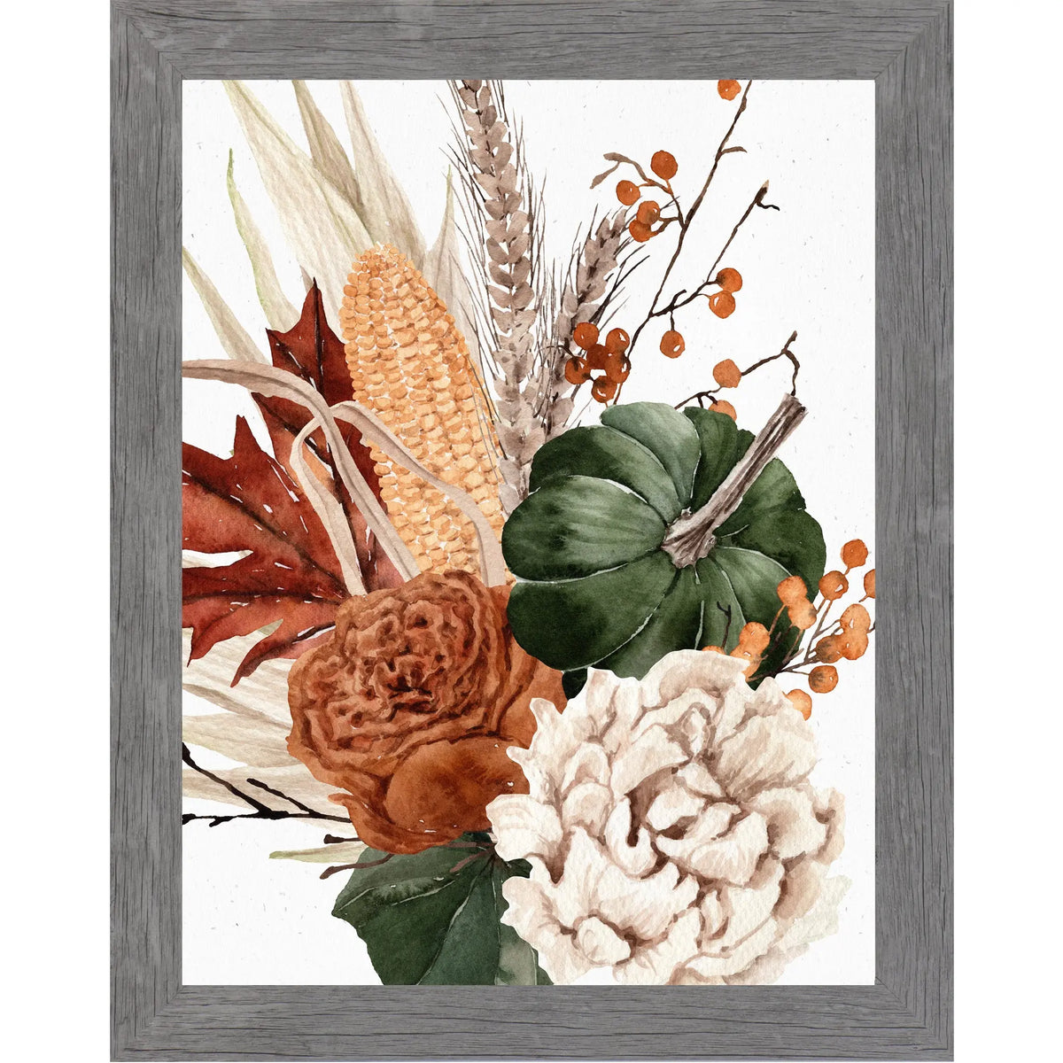 Framed artwork with autumnal elements including corn, leaves, and berries on a white background.