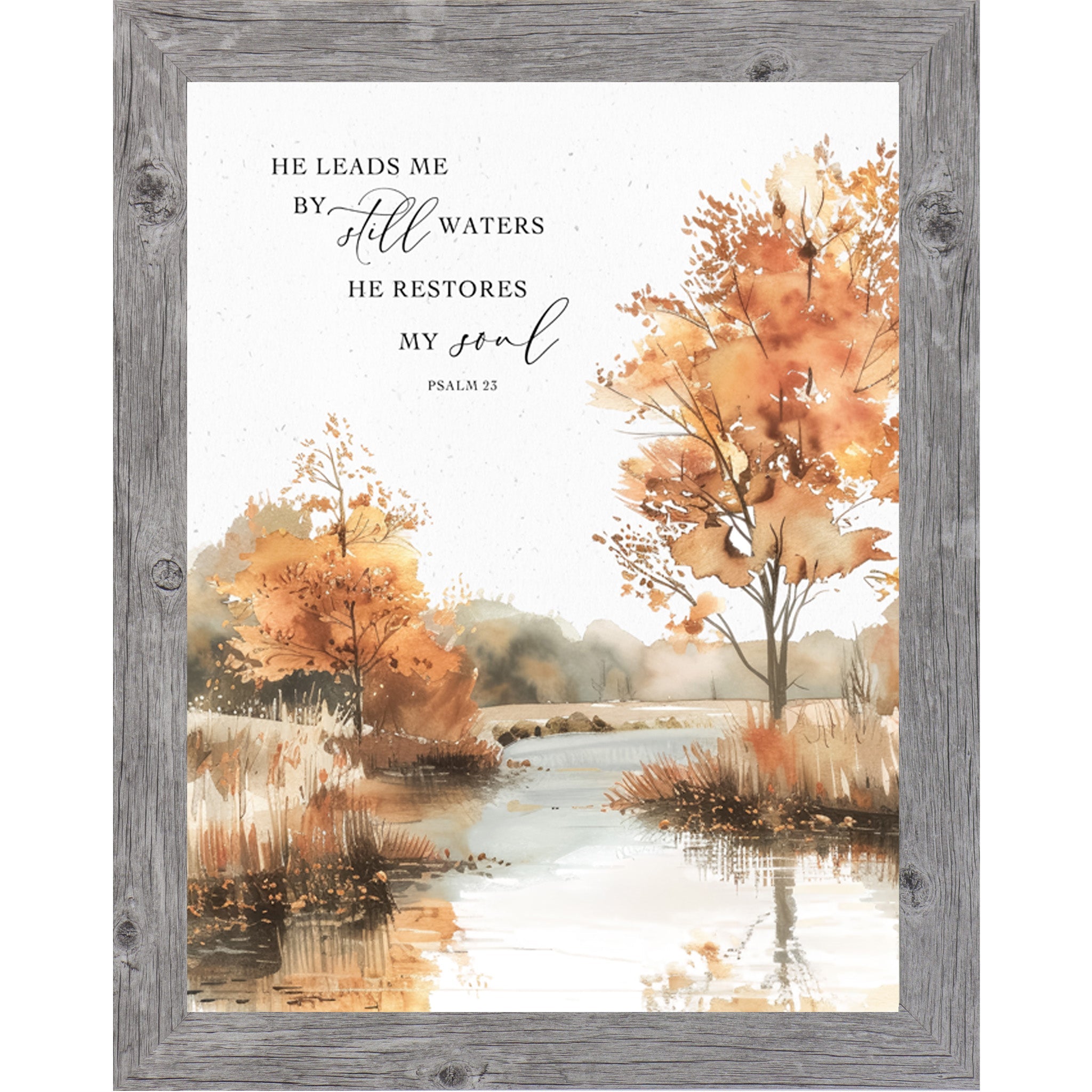 Framed artwork with autumn landscape and inspirational quote on a white background
