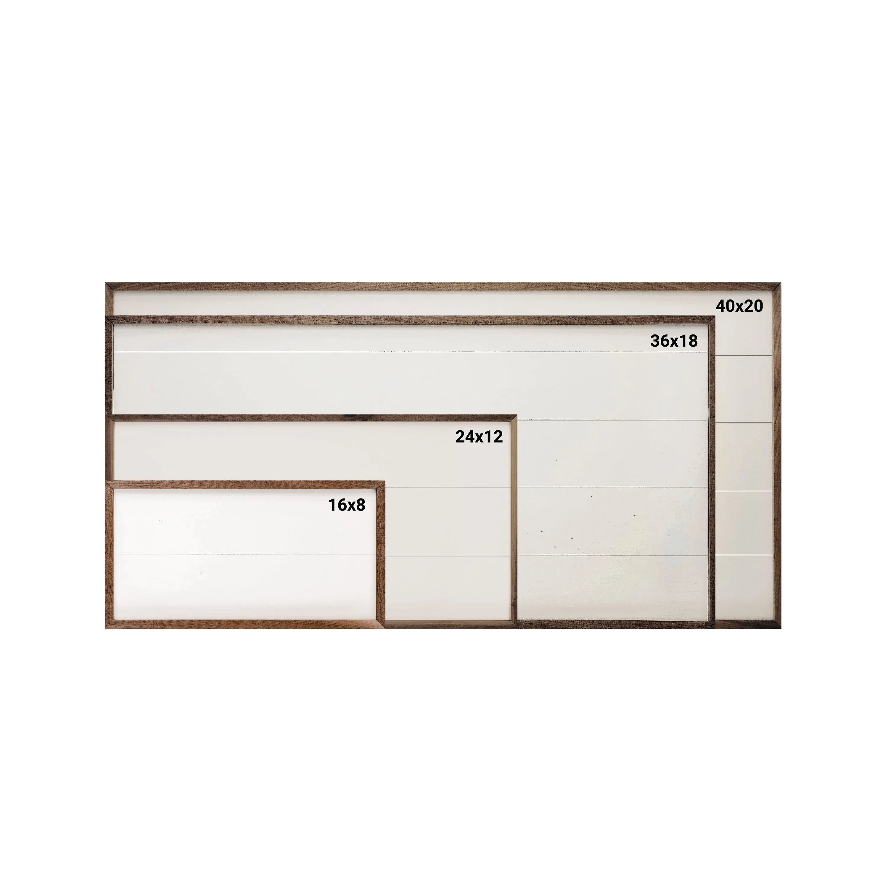 Set of wooden picture frames with dimensions labeled on a white background