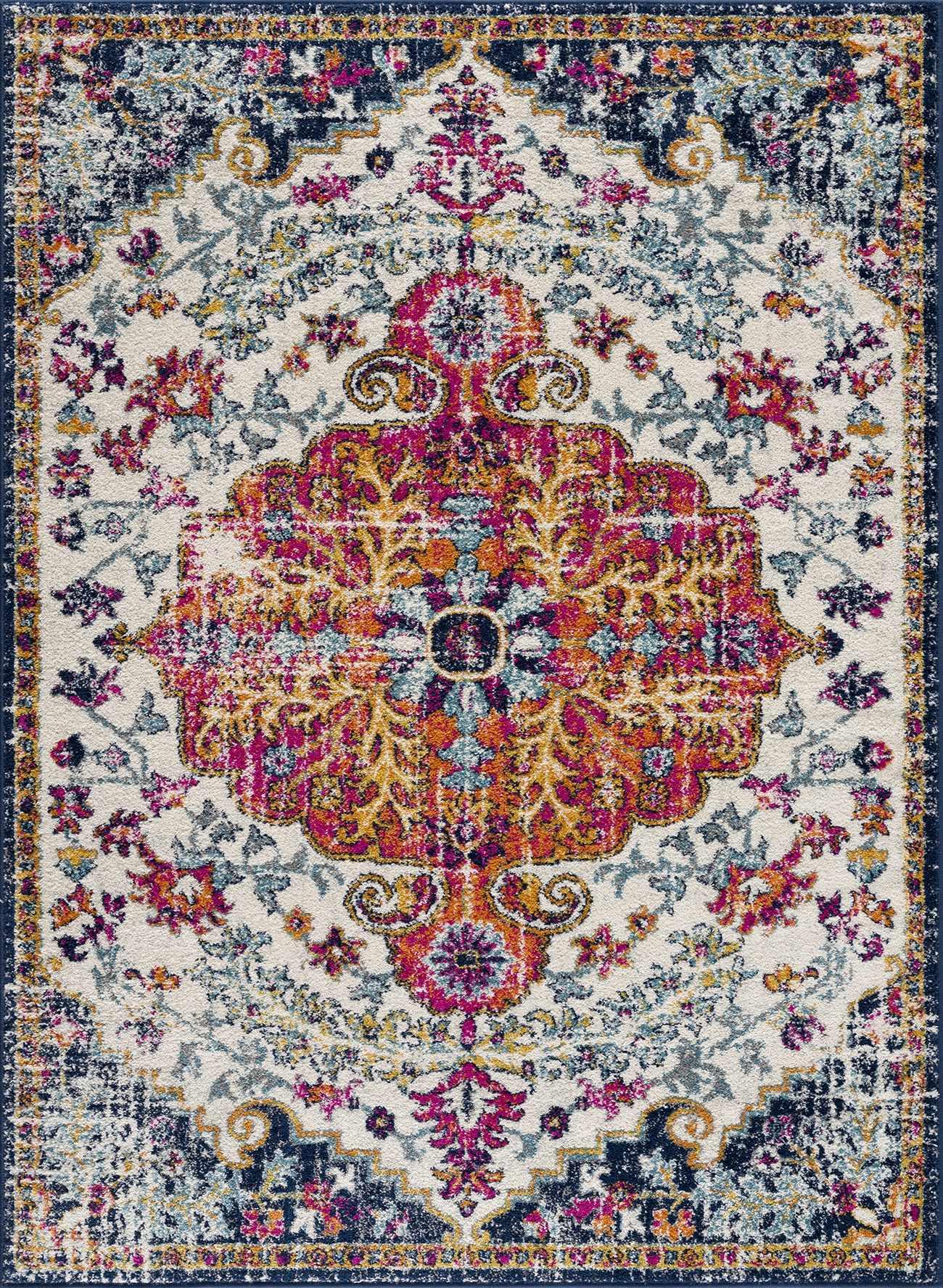 Boho floral area rug with vintage medallion design, perfect for farmhouse or cottage style living spaces
