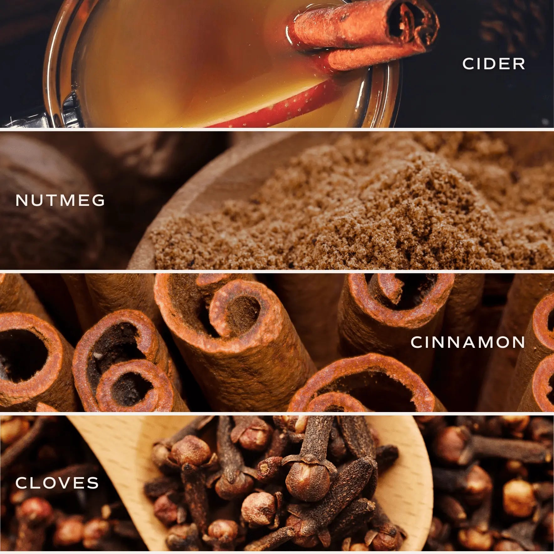 Collage of spices and cider with labels for nutmeg, cinnamon, and cloves.