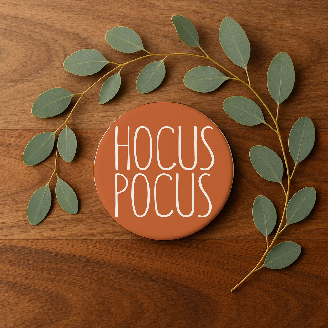 Round sign with 'HOCUS POCUS' text on a wooden background with green leaves.