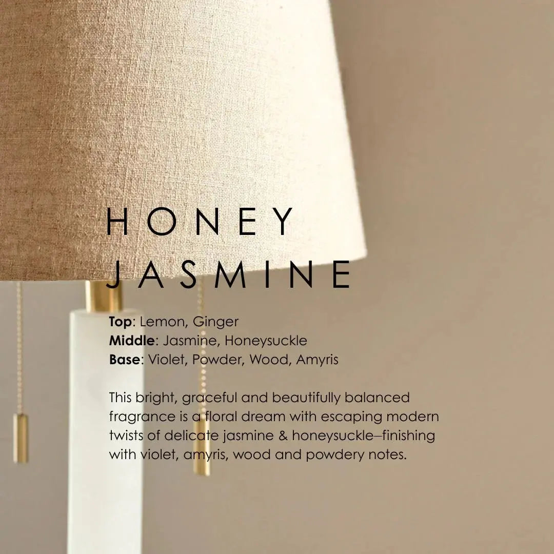 Honey Jasmine candle fragrance notes with lemon, ginger, jasmine, honeysuckle, violet, wood, and amyris