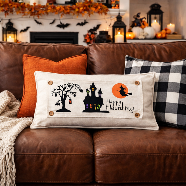 Halloween-themed pillow on a brown couch with festive decorations in the background.