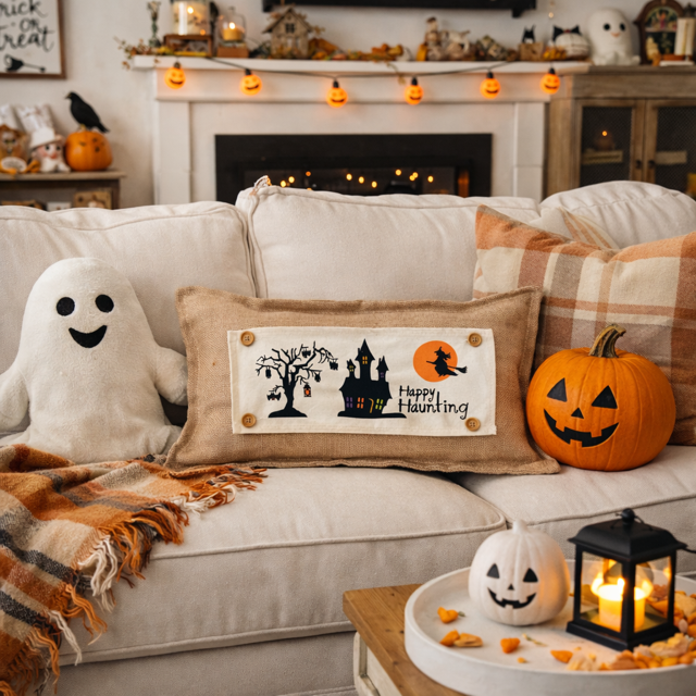Halloween-themed living room with a couch, pumpkin, and decorative pillows.