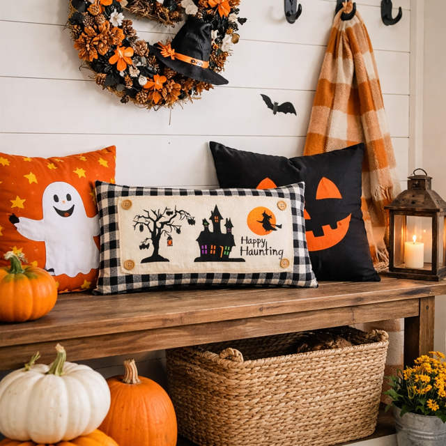Halloween-themed decor with pillows, pumpkins, and a wreath on a wooden surface.