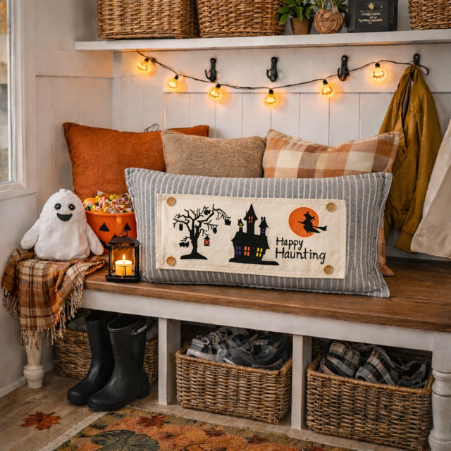 Halloween-themed decor with a bench, pillows, and decorations in a cozy room.