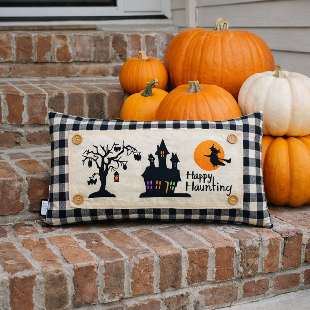 Halloween-themed pillow with pumpkins on a brick step