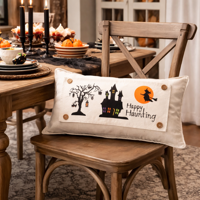 Decorative pillow with Halloween design on a wooden chair in a dining room setting.