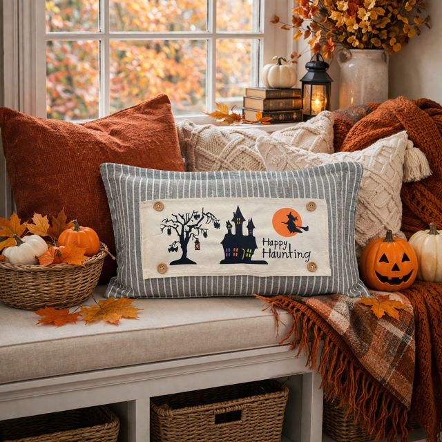 Decorative pillow with Halloween design on a cozy autumn-themed bench.