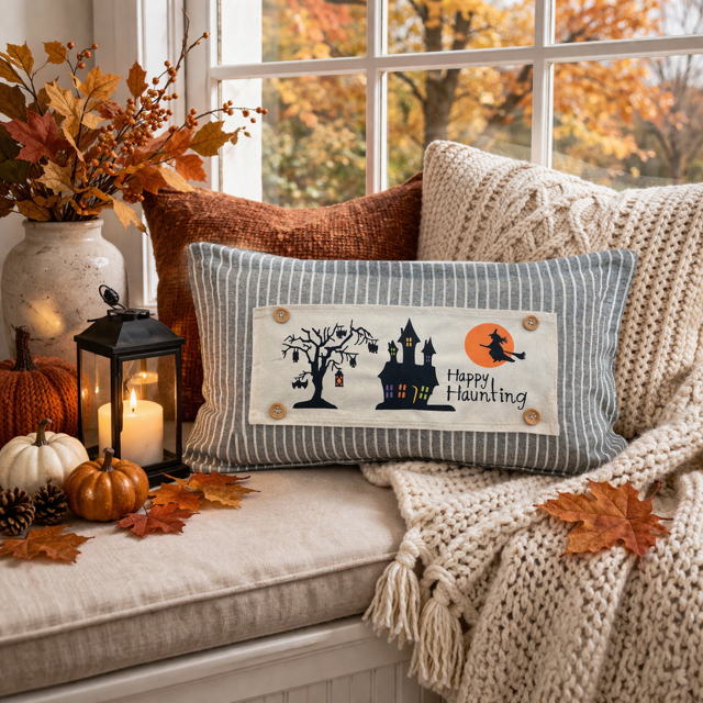Decorative pillow with 'Happy Haunting' design on a couch with autumn decorations.