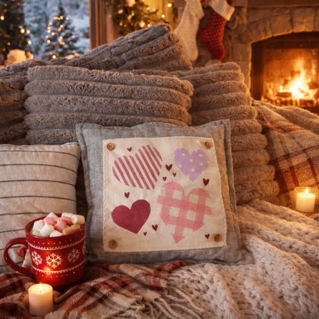 A cozy indoor scene with a decorative throw pillow in front of a fireplace. The pillow has a cream center panel with three heart motifs in red, pink, and purple on a gray fabric border.