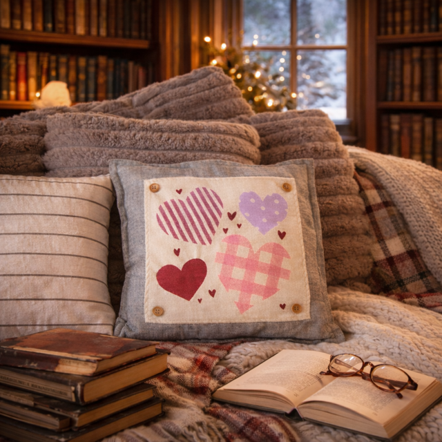 A cozy home interior scene with a decorative square throw pillow in the foreground featuring embroidered hearts on a cream patchwork panel with a gray border. The pillow sits on a bed with knit blankets, pillows, books, and an open book with glasses, with bookshelves and a window in the background.