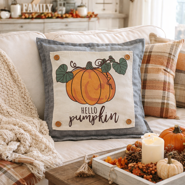 Decorative pillow with 'Hello Pumpkin' text on a couch with pumpkins and candles.