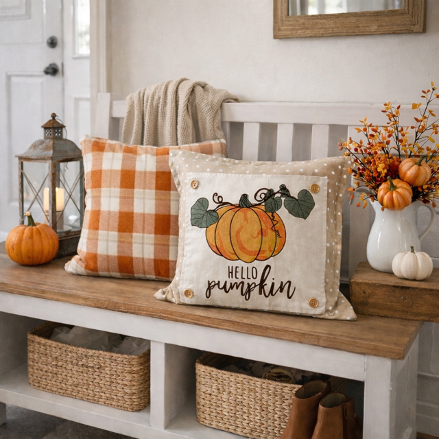Decorative pillows with pumpkins and 'Hello Pumpkin' text on a wooden bench with autumn decorations.