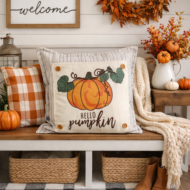 Decorative pillow with 'Hello Pumpkin' text on a wooden bench with fall-themed decor.