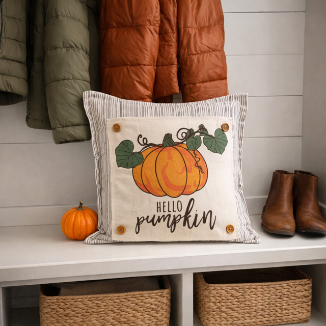 Decorative pillow with pumpkins and 'Hello Pumpkin' text on a bench with autumn-themed decor.