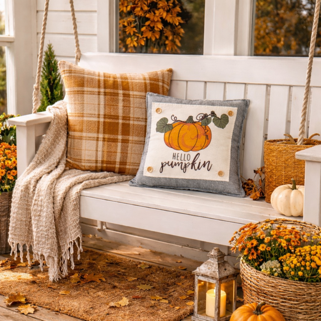 White porch swing with fall-themed pillows and decorations on a porch.