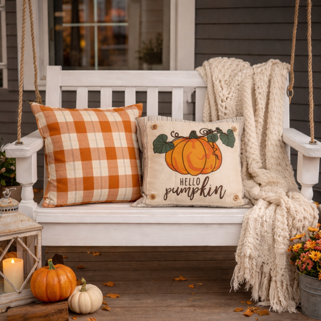 White porch swing with fall-themed pillows and decor on a wooden deck.