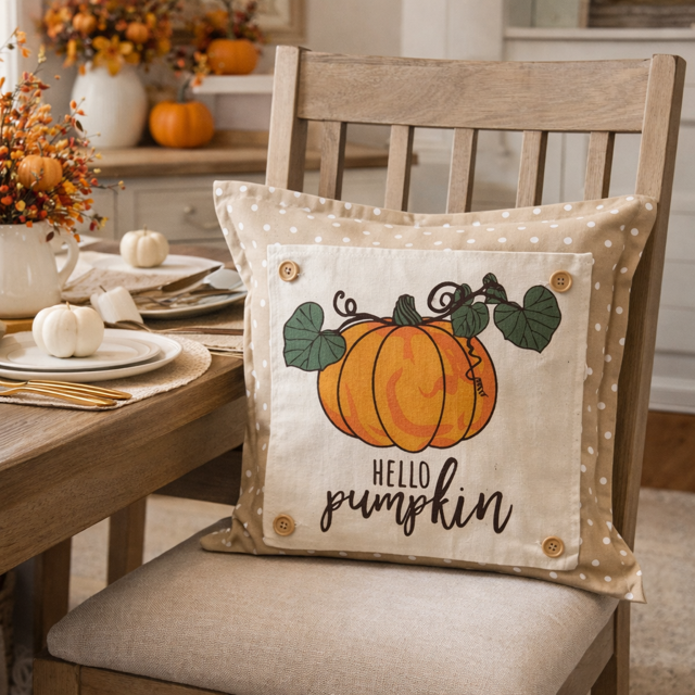Decorative pillow with pumpkin design and 'Hello Pumpkin' text on a chair in a cozy dining room.