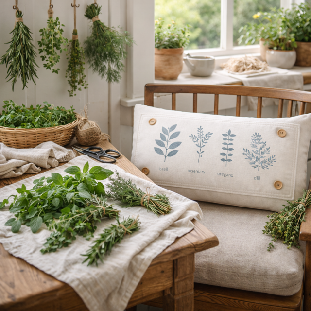 A rectangular cream pillow with blue botanical illustrations and the words 'rosemary', 'oregano', and 'dill' sits on a wooden chair in a rustic kitchen setting. The scene is styled with fresh herbs, a wooden table, and a window in the background.