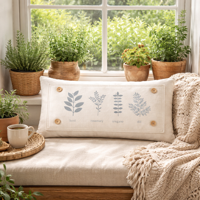 A rectangular cream throw pillow with embroidered botanical designs and labels (basil, rosemary, oregano, sage) sits on a cushioned bench in a sunlit room with potted plants and a knitted blanket.