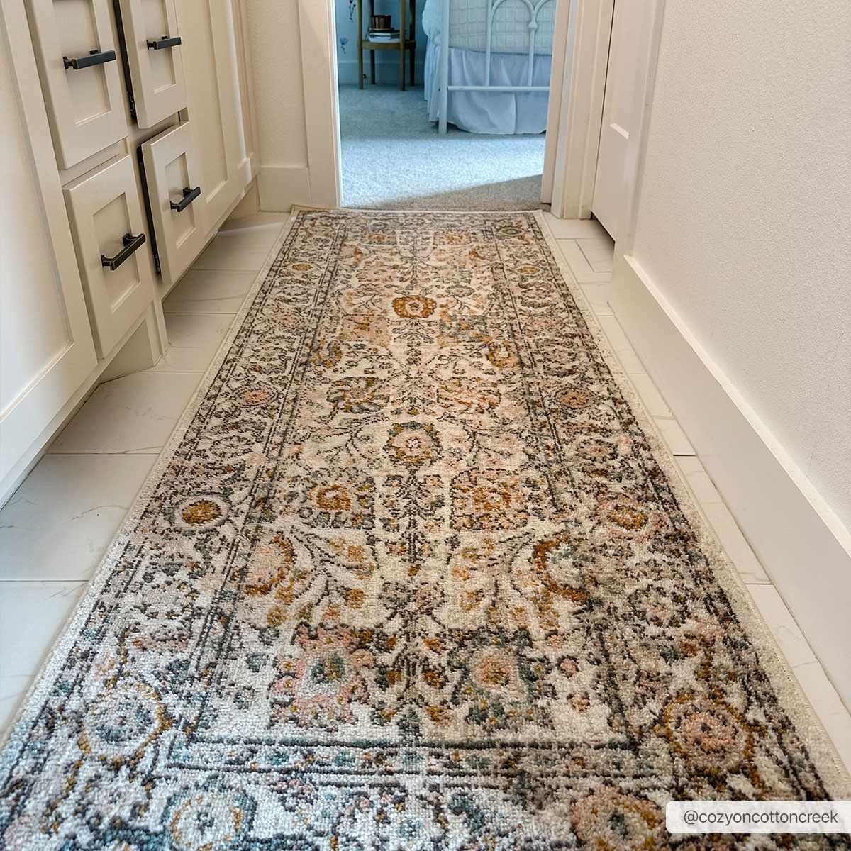 Vintage-style hallway runner rug with floral patterns for cozy farmhouse decor