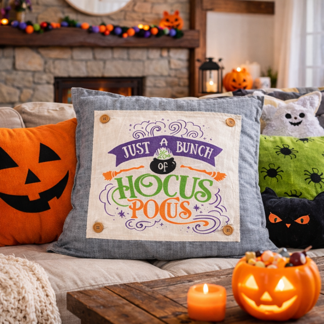 Halloween-themed pillows and decorations on a couch with a fireplace in the background.