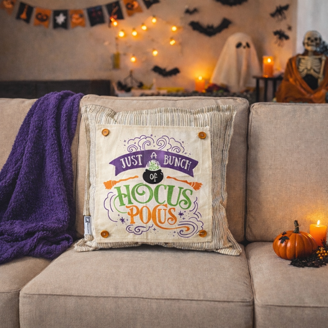 Halloween-themed pillow on a couch with decorative lights and pumpkins in the background