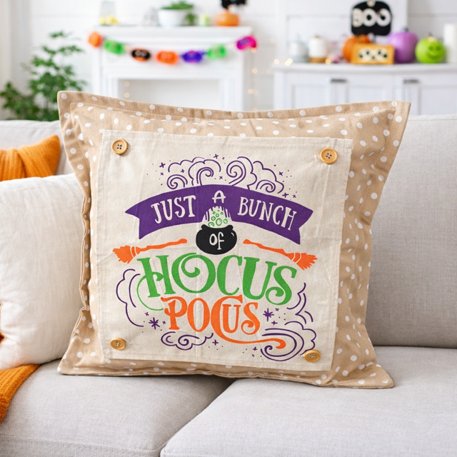 Decorative pillow with Halloween-themed text on a couch