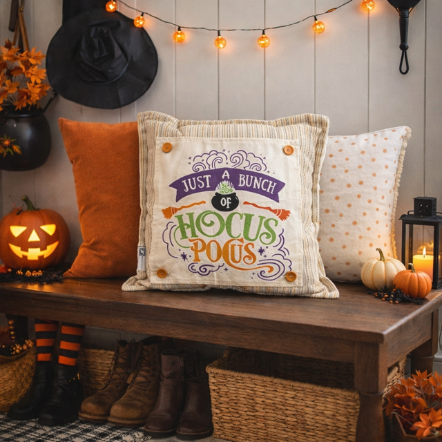Halloween-themed decor with a pillow, pumpkins, and witch hats on a wooden bench.