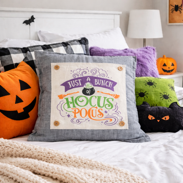 Halloween-themed pillows on a bed with decorative pumpkins and a black cat.