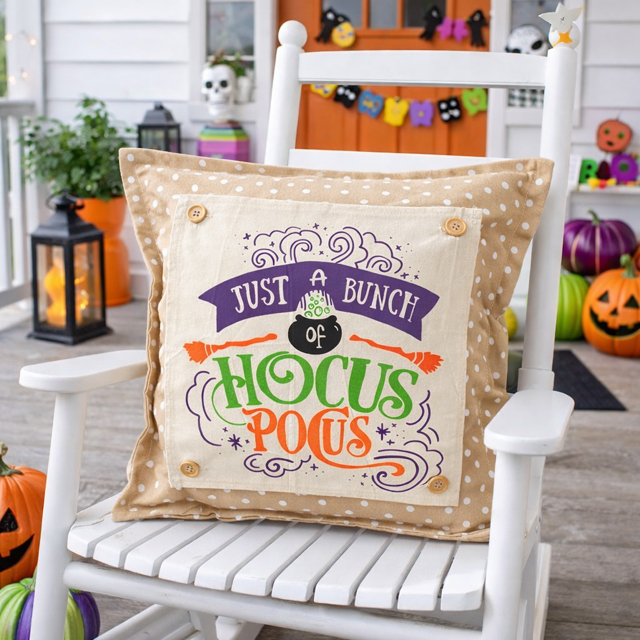 Halloween-themed pillow with decorative text on a white chair outdoors.